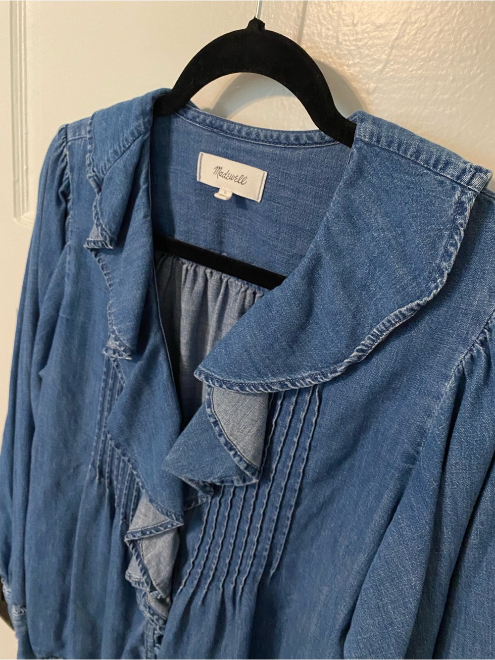 NWOT Madewell Denim Ruffled Pintuck Top - Picture 7 of 15